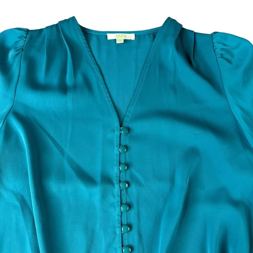 Jade Melody Tam Womens Top Size Small Teal‎ Blue Green Tie Front Button Up
